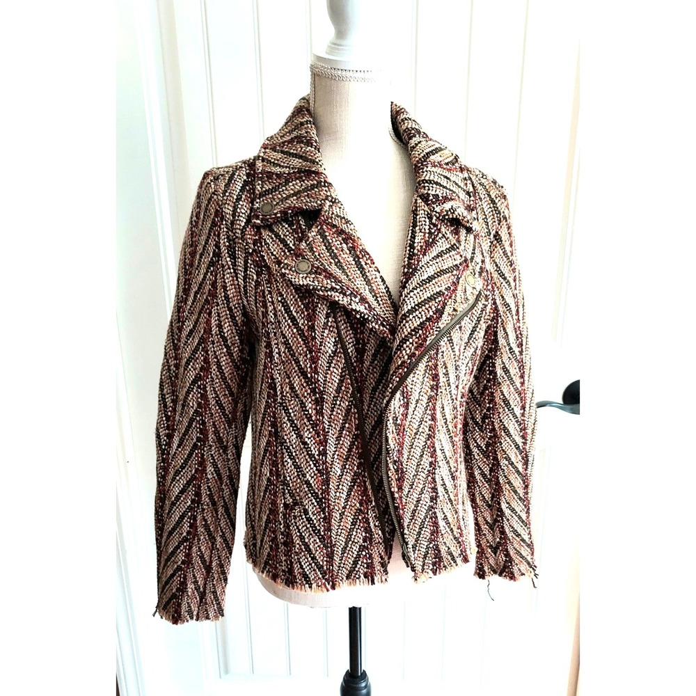 Bob Timberlake Jacket‎ Womens M Jacquard Moto Wool Brown Fringe Western Bass Pro